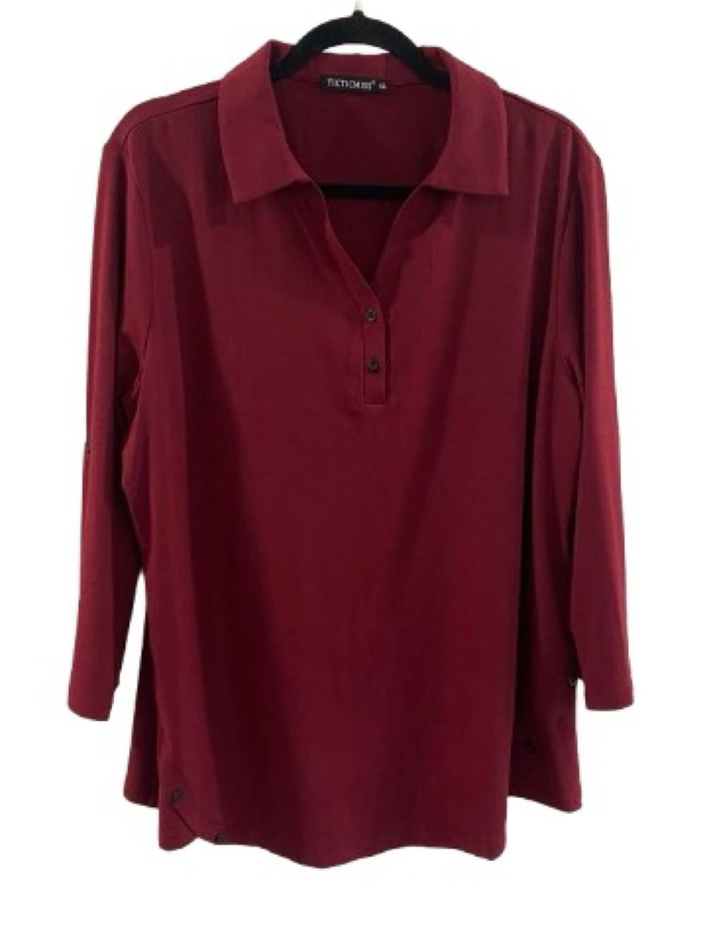 Ticticmiss Polo Blouse Collared V Neck Roll Tab Sleeve Dark Red Women’s Size XL